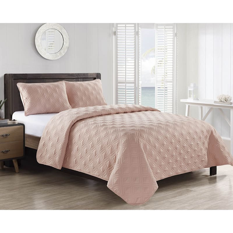 3-Piece Pink Rhombus Stitch Quilt Set, Full/Queen | At Home