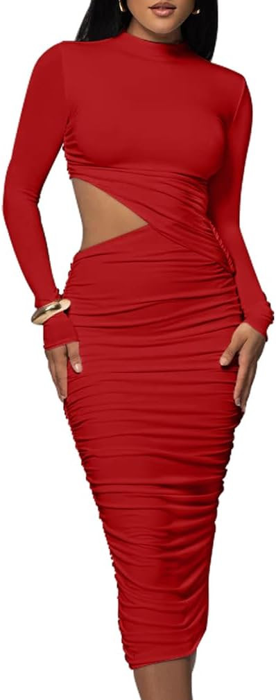 LAGSHIAN Women Long Sleeve Mock Neck One Piece Ruched Midi Dress | Amazon (US)