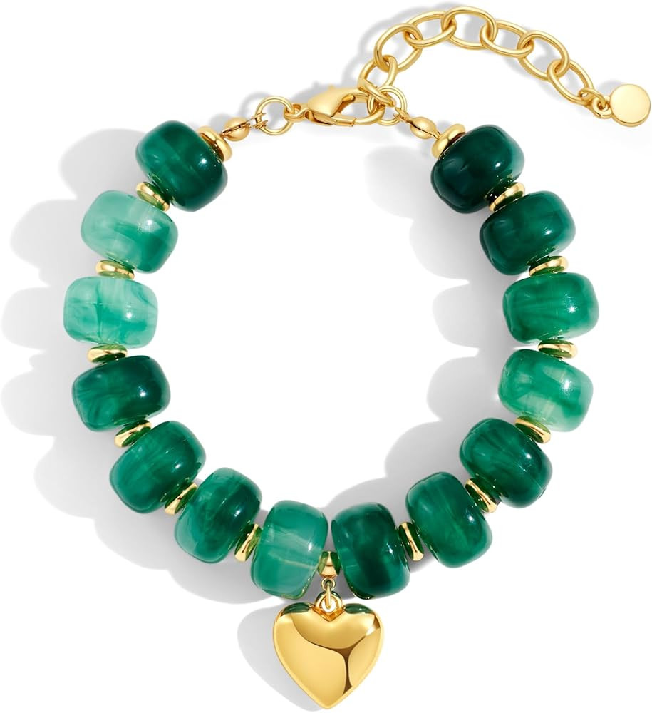Trendy Beaded Bracelet for Women Chunky Gold Heart Charm Bracelets Boho Colorful Resin Beads Brac... | Amazon (US)