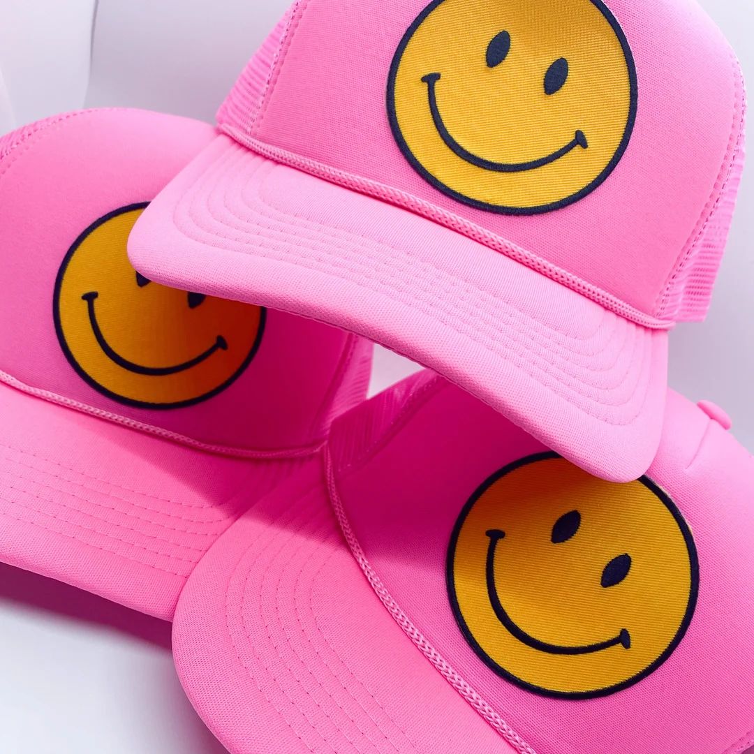 Neon Pink  Smiley Face Trucker Hat  Smile Patch Hat  - Etsy | Etsy (US)