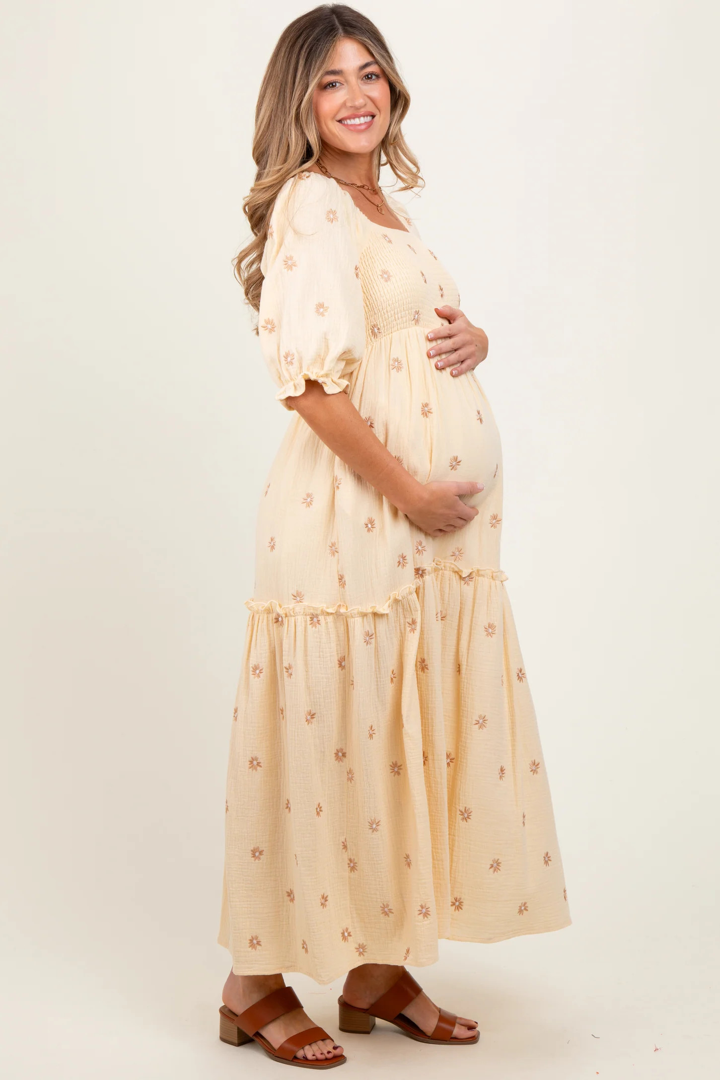 Cream Floral Smocked Puff Sleeve Maternity Maxi Dress | PinkBlush Maternity