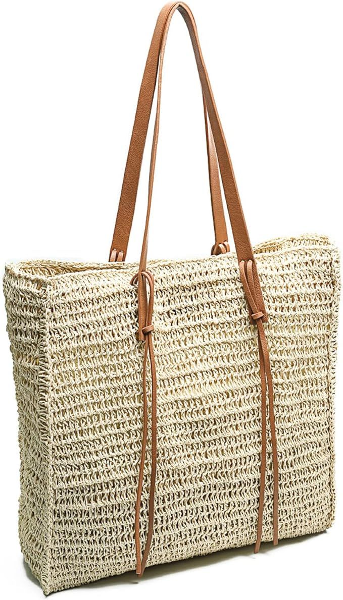 Beach Bag By Miss Fong,Beach Bags for Women,Straw Bag, Beach Tote Bag, Straw Beach Bag with Inner... | Amazon (US)
