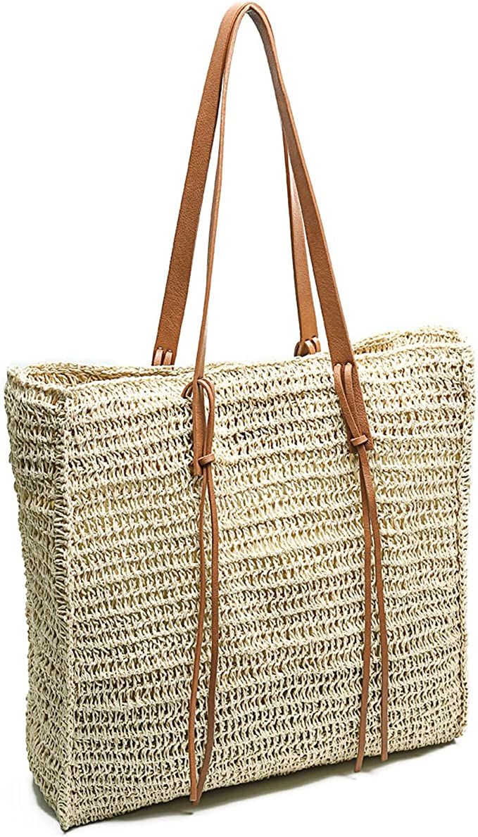 Beach Bag By Miss Fong,Beach Bags for Women,Straw Bag, Beach Tote Bag, Straw Beach Bag with Inner... | Amazon (US)