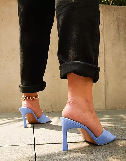 ASOS DESIGN Wide Fit Hattie mid-heeled mule sandals in blue | ASOS (Global)