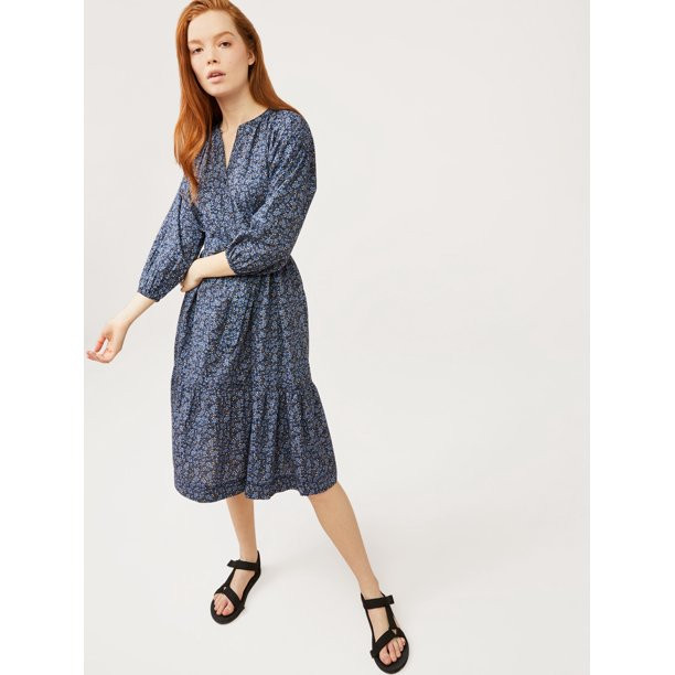 Free Assembly Women’s Tiered A-Line Dress with ¾ Sleeves | Walmart (US)