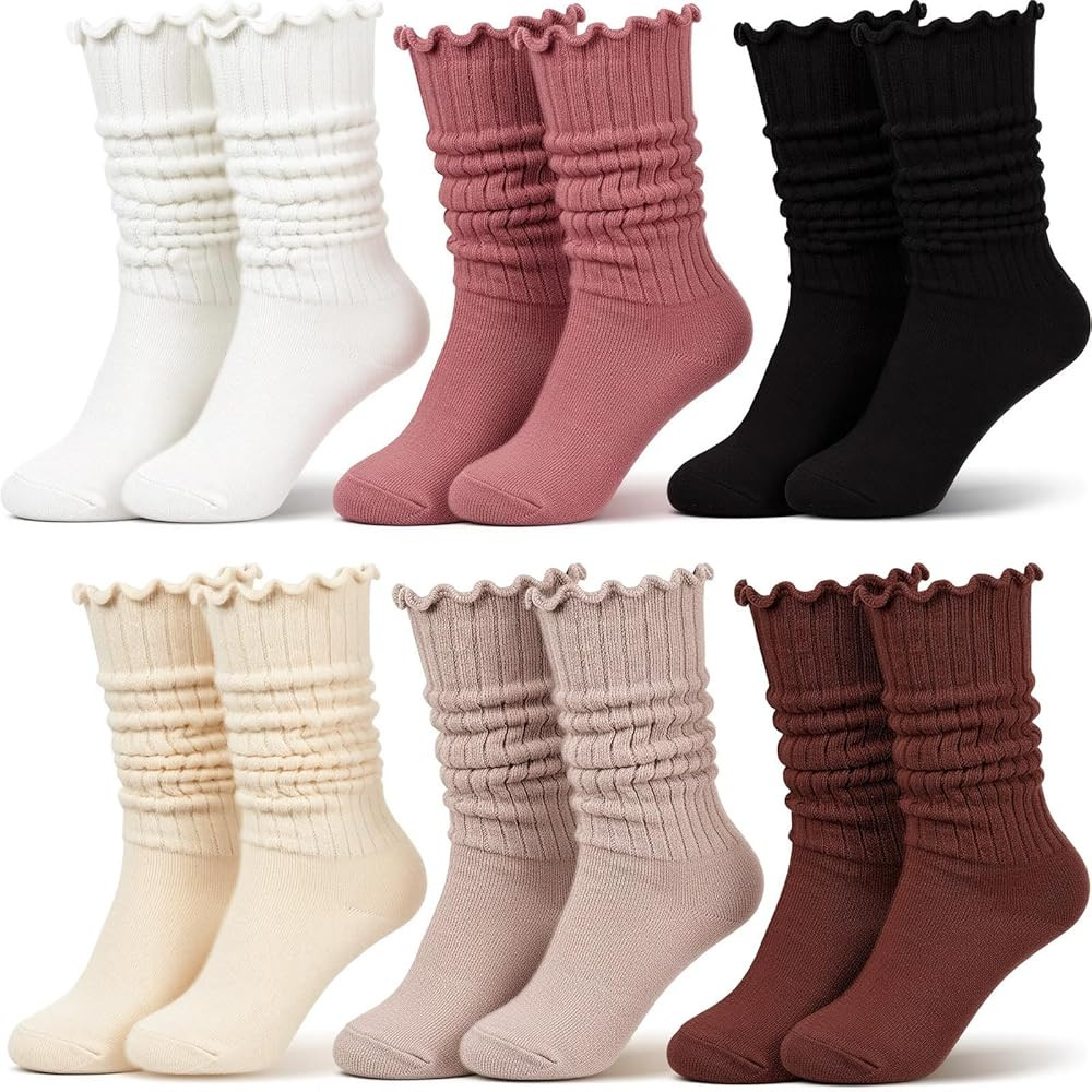 Croloose 6 Pairs Ruffle Slouch Crew Socks for Women Knit Mid Calf Rib Tube Soft Scrunch Boot Wome... | Amazon (US)
