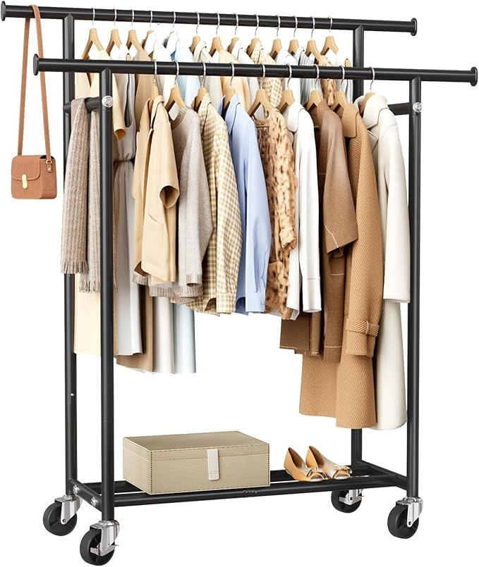 HYSEYY Clothes Rack, Double Rods Rolling Clothing Rack for Hanging Clothes, Portable Garment Rack... | Amazon (US)