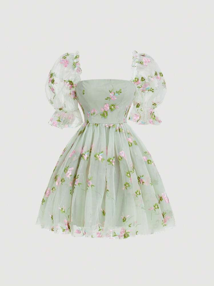 SHEIN MOD Puff Sleeve Floral Embroidery Mesh Overlay Green Summer Short Sleeves Dress,Pastel Dresses For Women | SHEIN