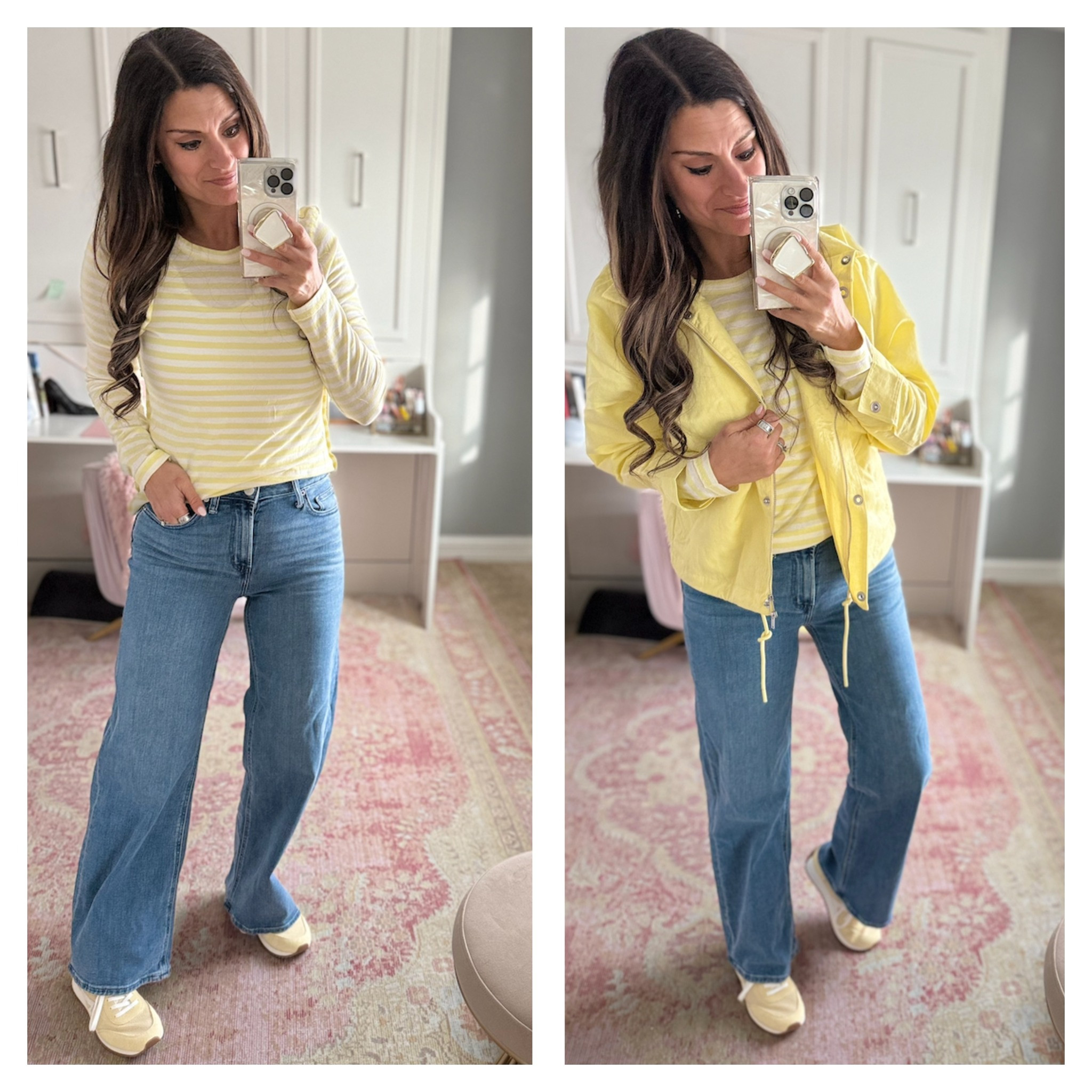 Butter yellow striped shirt and jacket with jeans and yellow sneakers 

 