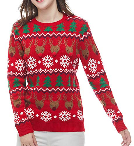 Women Round Crew Neck Reindeer Snowman Santa Snowflakes Christmas Sweater Cardigan Pullover, Long Sleeve (Small, Deer&Tree-Flakes) | Amazon (US)