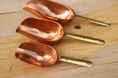 Vtg Copper Measuring Scoops w/ Brass Handles Set of 3 Nesting Hanging 7, 3, 2oz | eBay US