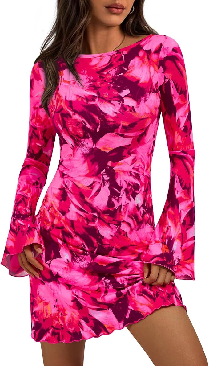 dowerme Women's Sexy Leopard Print Mini Dresses Fall Boat Neck Bell Long Sleeve Knit Short Club D... | Amazon (US)