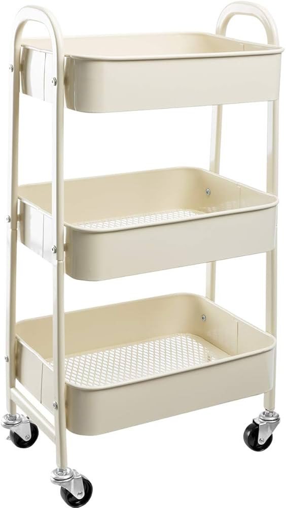 AGTEK Makeup Cart, Movable Rolling Organizer Cart,3 Tier Metal Utility Cart, Beige | Amazon (US)