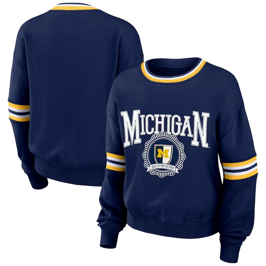Michigan Wolverines WEAR by Erin Andrews Women's Vintage Pullover Sweatshirt - Navy | Fanatics