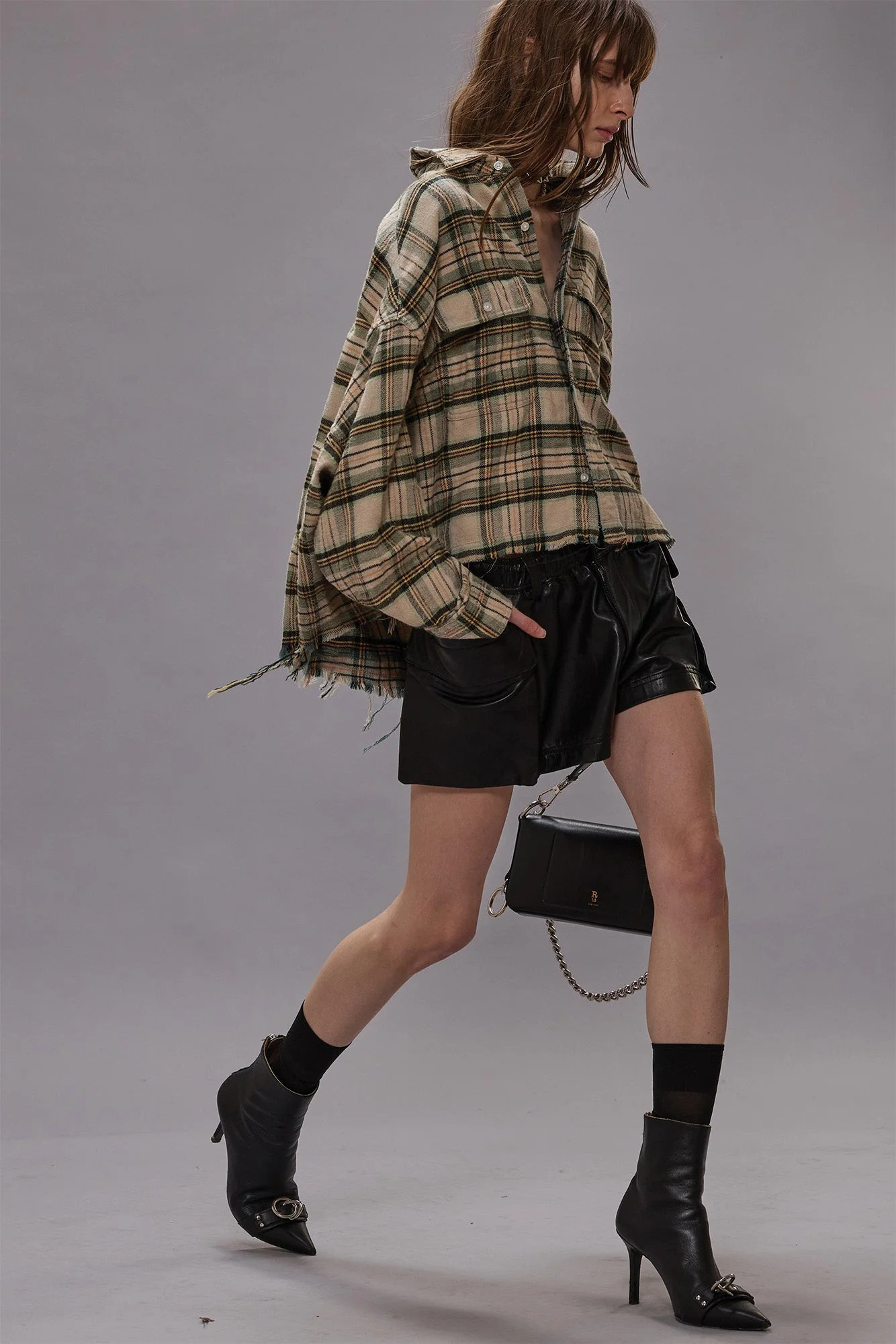 CROPPED WORK SHIRT - CREAM/TURQUOISE PLAID - R13 | R13