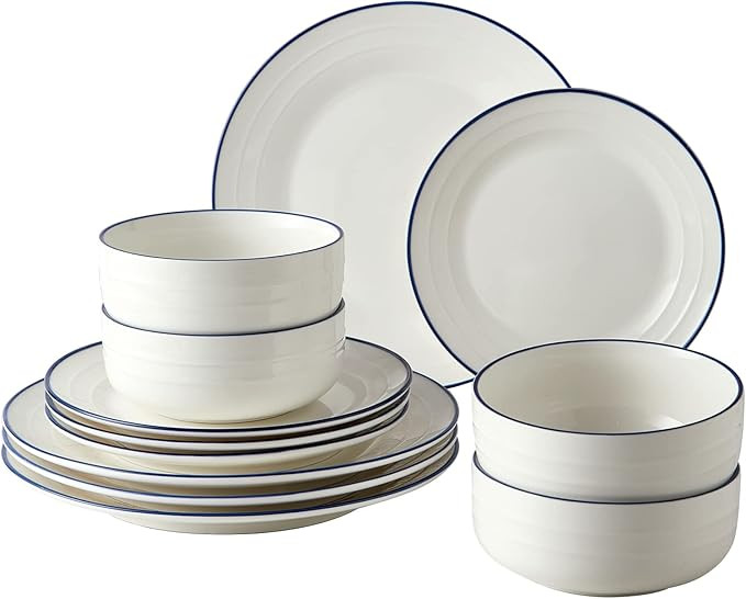 Amazon.com | Pokini White Dinnerware Set, 12-Piece Threaded Relief Kitchen Dinner Set, Plates, Bo... | Amazon (US)