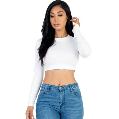 Slickblue Women's Long Sleeve Cropped Top, Crew Neck, Stretch Jersey, Casual Fit, White, Size L | Target