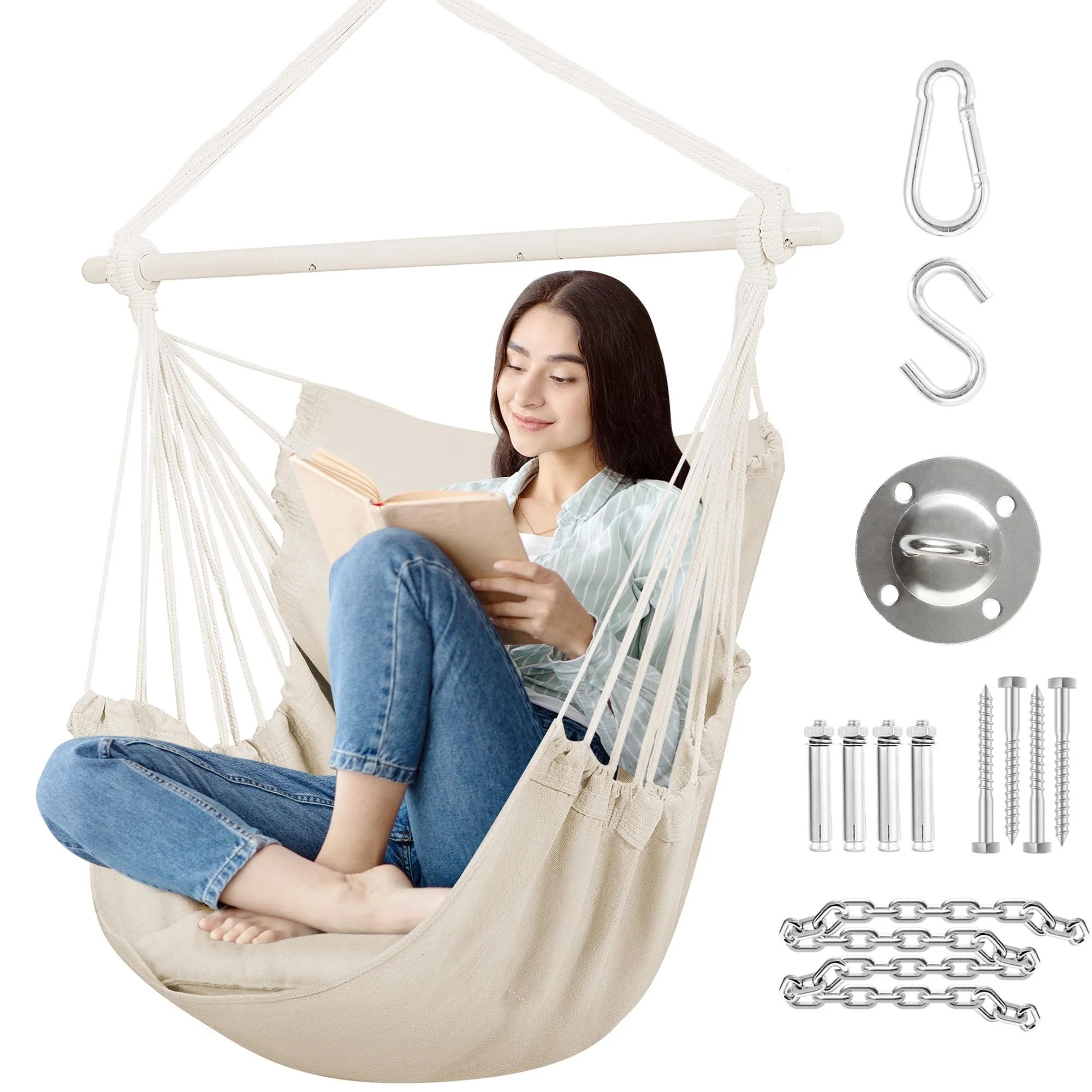 Large Hammock Chair Swing, Relax Hanging Rope Swing Chair with Detachable Metal Support Bar & Two... | Walmart (US)