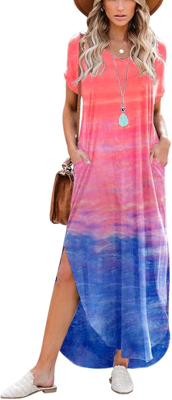 Women's Short Sleeve V Neck Dress Tie Dye Side Split Maxi Dresses with Pockets | Amazon (US)