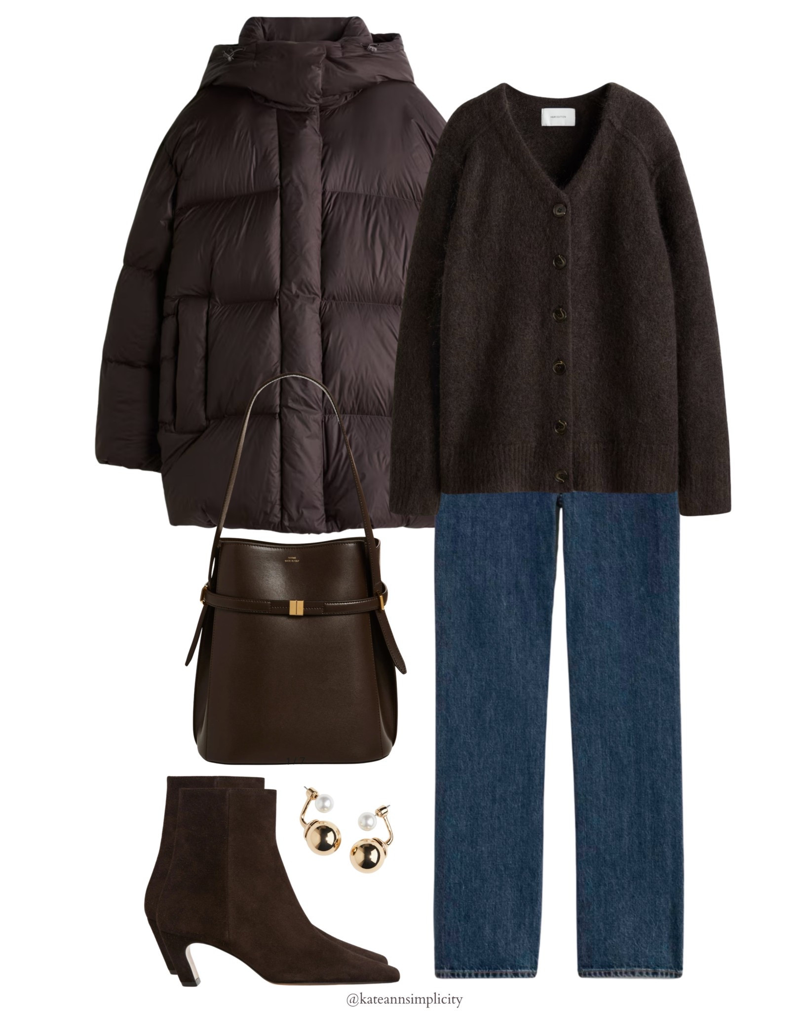 A warm and refined winter look built on rich chocolate tones and clean, timeless lines. The cozy puffer, soft knit cardigan, classic denim and suede ankle boots create an effortless blend of comfort and sophistication. Finished with a structured Toteme leather bag and elegant earrings, this outfit embodies elevated everyday style with a minimalist touch.

#LTKGiftGuide #LTKHoliday #LTKSeasonal