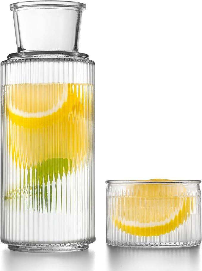 Bedside Water Carafe and Glass Set, Classic Vertical-Striped 27oz Glass Carafe with 7.1oz Tumbler... | Amazon (US)