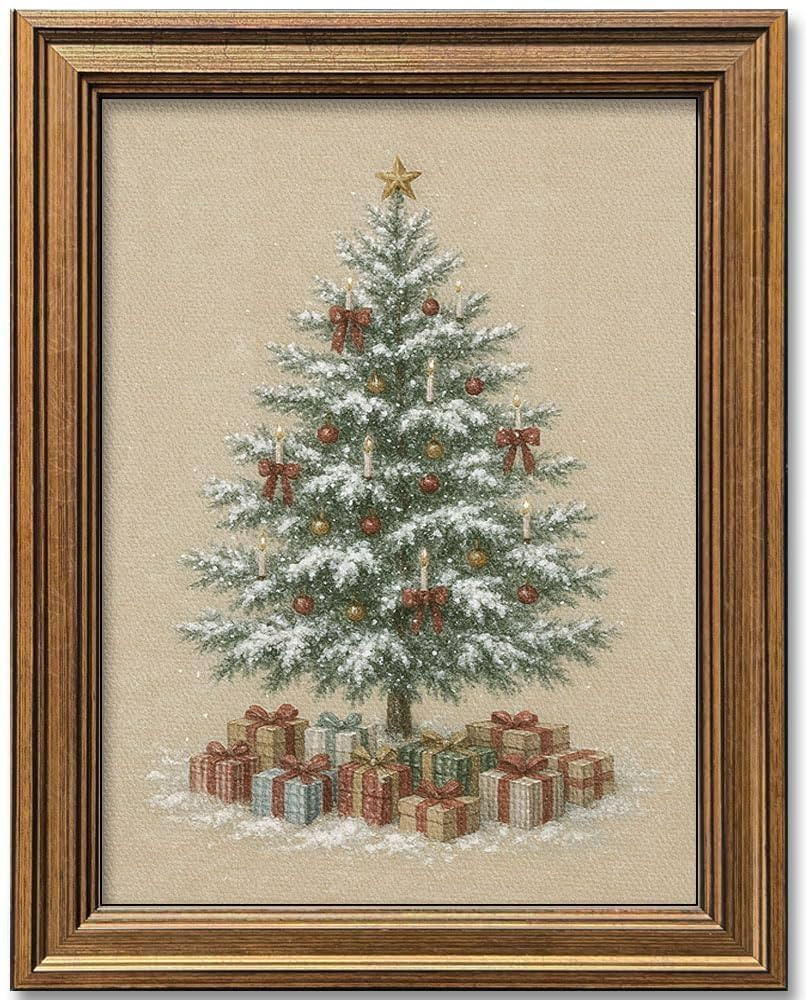 Christmas Tree Wall Art Vintage Gold Framed Wall Decor Rustic Winter Picture Painting for Farmhou... | Amazon (US)