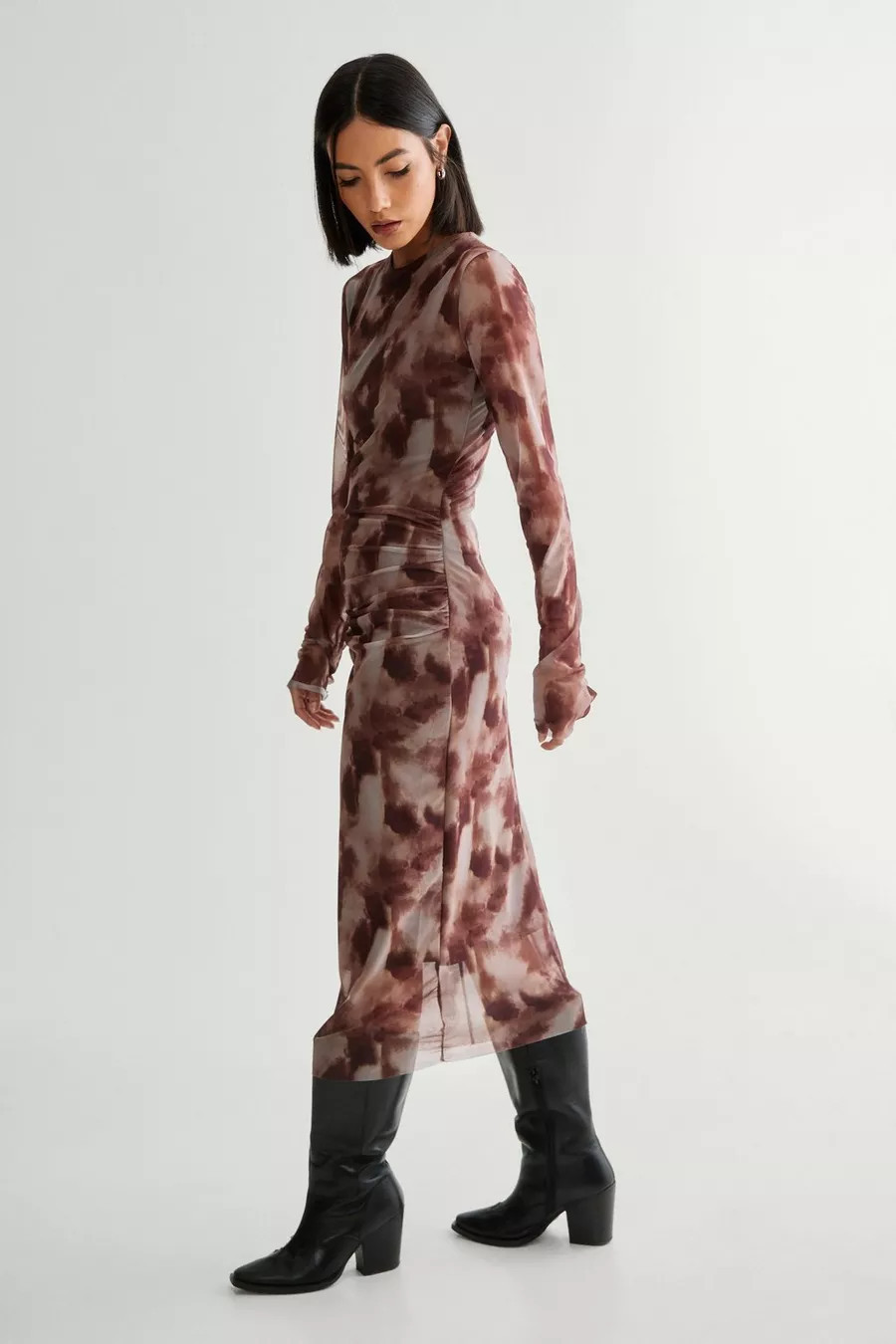 Blurred Print Mesh Long Sleeve Maxi Dress | Nasty Gal US