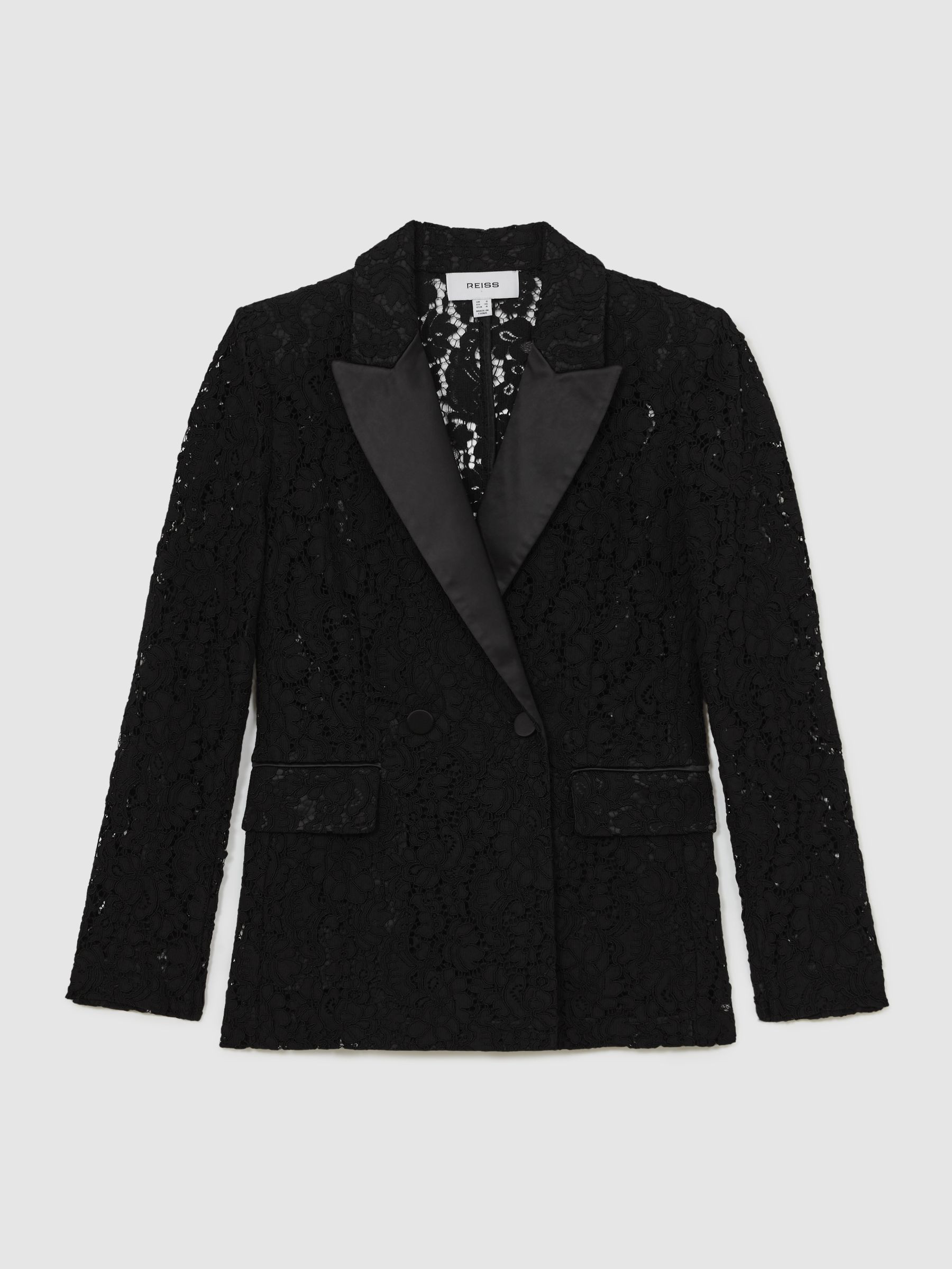 Reiss Double-Breasted Lace Tuxedo Blazer in Black | REISS | Reiss US