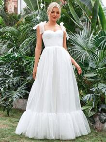 Tie Shoulder Ruffle Hem Mesh Wedding Dress Without Veil | SHEIN