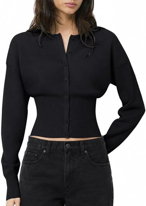 QINSEN Cardigan Sweaters for Women Button Up Crewneck Cinched Waist Top | Amazon (US)