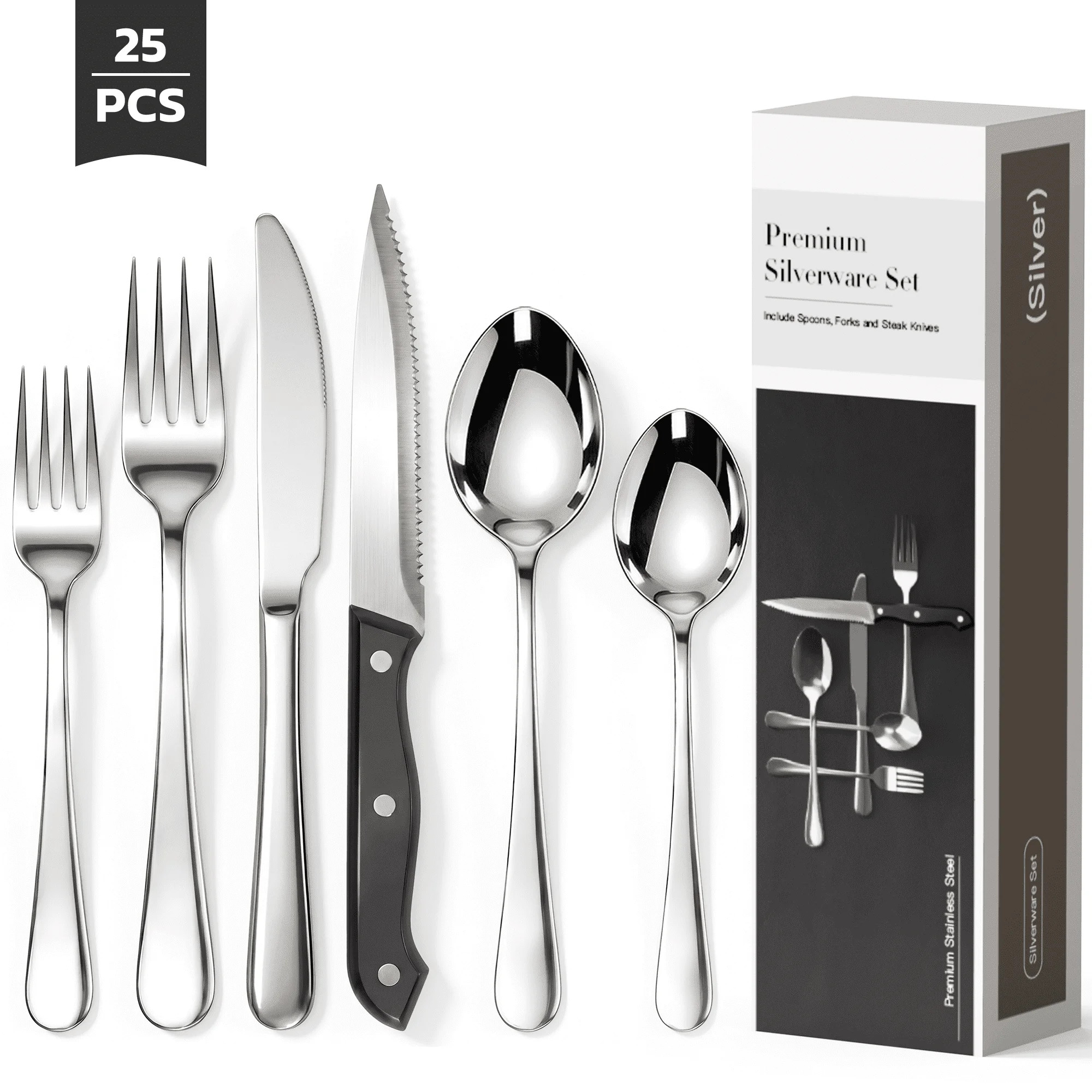 Astercook 25-Pieces Silverware Set with Steak Knives, Tableware Set for 4 - Great Food-Grade Stai... | Walmart (US)