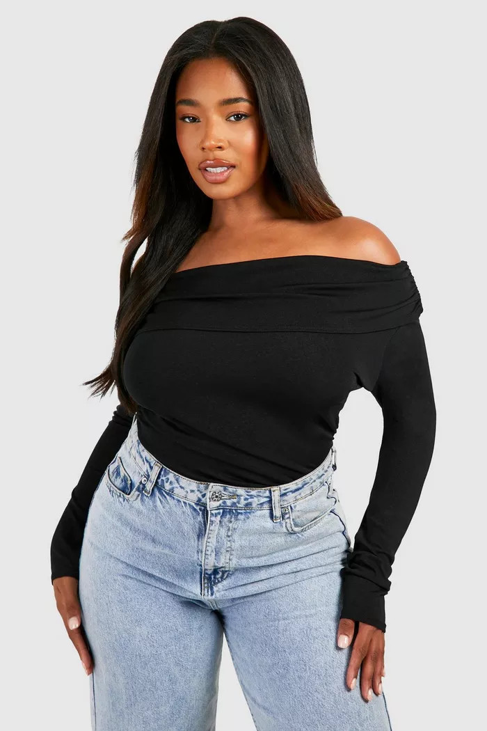 Plus Off The Shoulder Sheer Double Layer Bodysuit | boohoo (US & Canada)