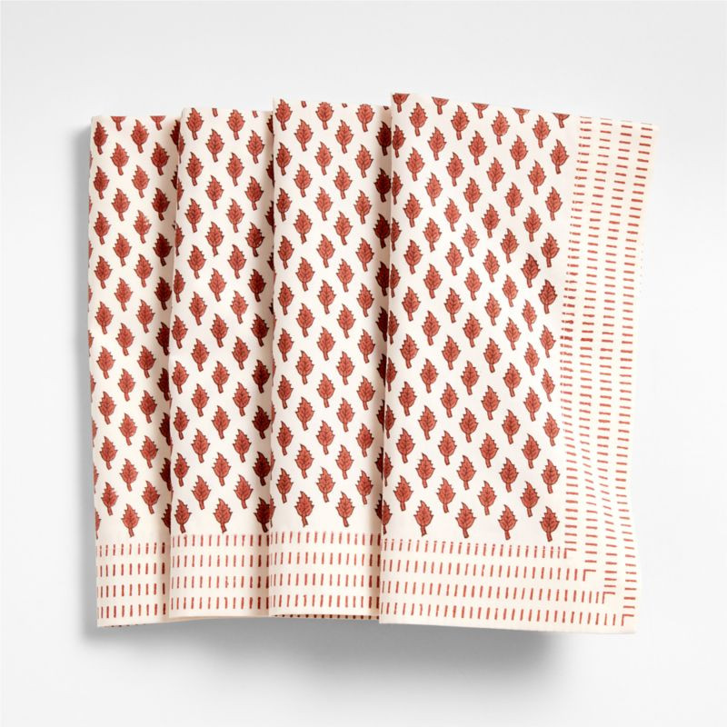 Ivory and Chestnut Border Block Printed Napkins, Set of 4 | Crate & Barrel | Crate & Barrel