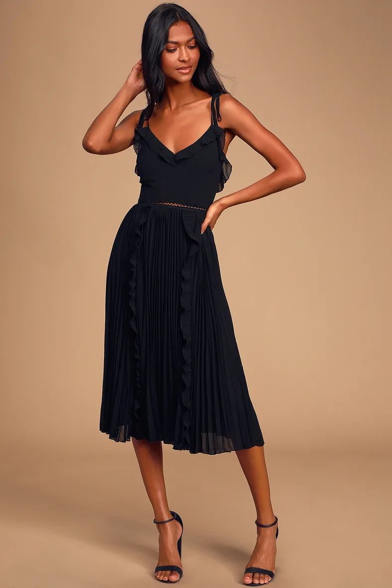 Never a Dull Moment Black Tie-Strap Pleated Midi Dress | Lulus (US)