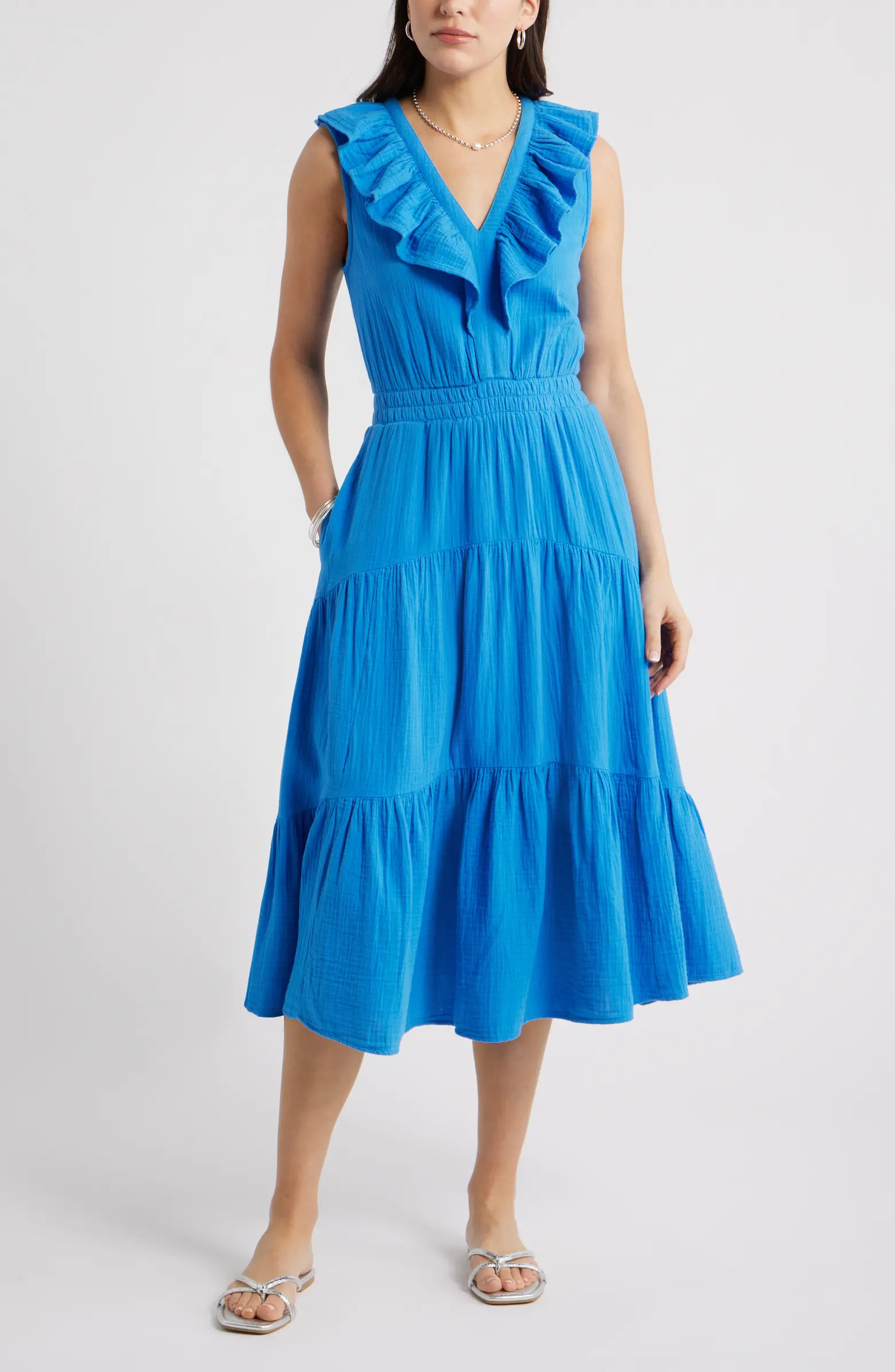 Ruffle Sleeveless Tiered Cotton Midi Dress | Nordstrom