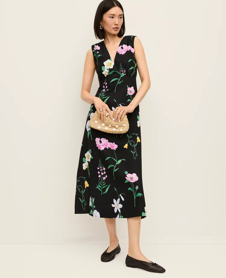 Floral Linen Blend Midi Dress | Ann Taylor