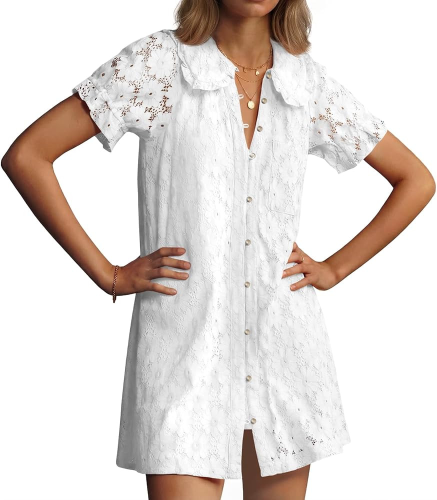 Wenrine Womens Summer Lace Mini Dress Casual Short Sleeve Peter Pan Collar Button Down Beach Vaca... | Amazon (US)