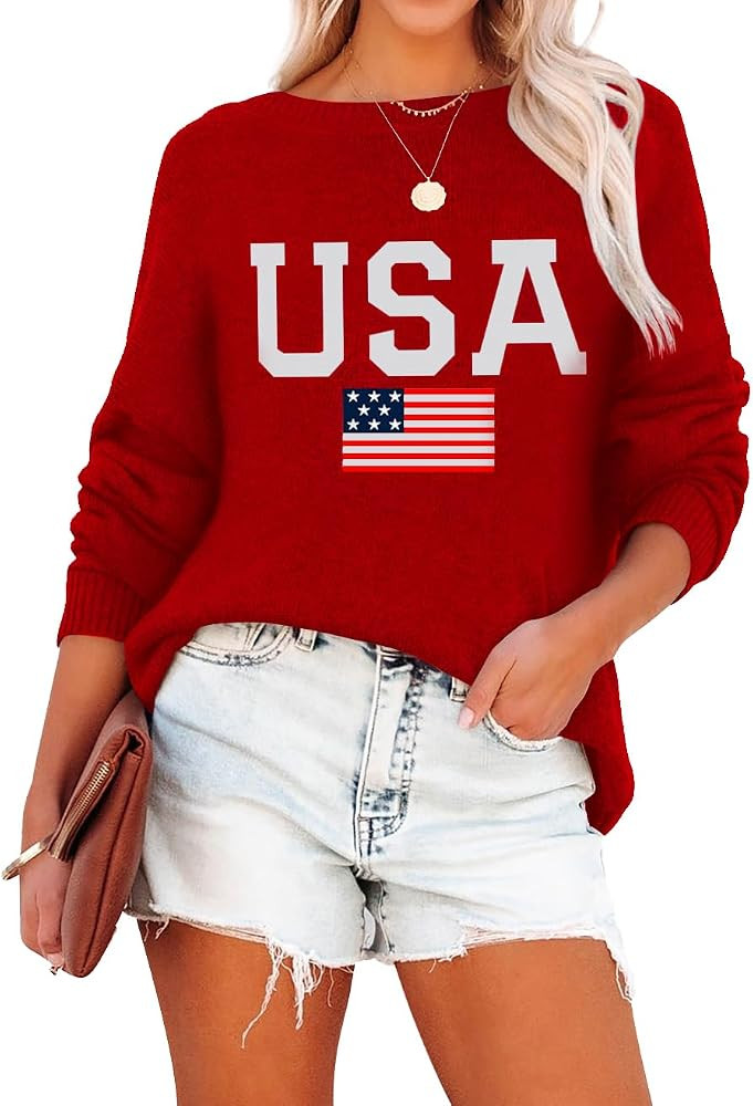 Lacozy Womens Sweater Crewneck USA Graphic Long Sleeve Tops Lightweight American Flag Sweatshirt ... | Amazon (US)