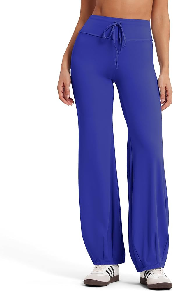 MOOSLOVER Women Wide Leg Yoga Pants Bubble Hem Fold Over Waist Drawstring Studio Pilates Workout ... | Amazon (US)