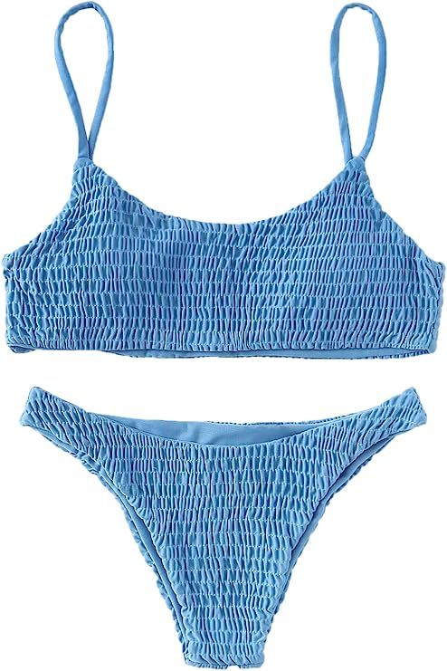 Verdusa Women's 2 Peices Bathing Suit Smocked Wireless Bikini Bandeau Top Thong Swimsuit | Amazon (US)