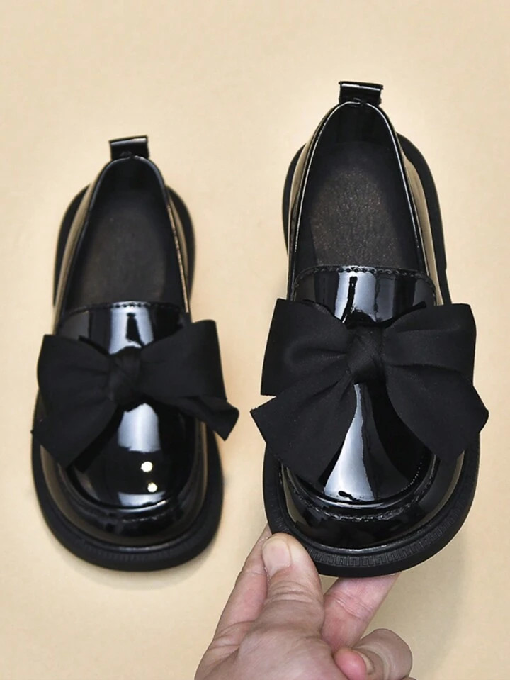 2023/2024 Spring/Autumn New Girl Soft Bottom Black Patent Leather Loafers With Bow, Princess Mary... | SHEIN