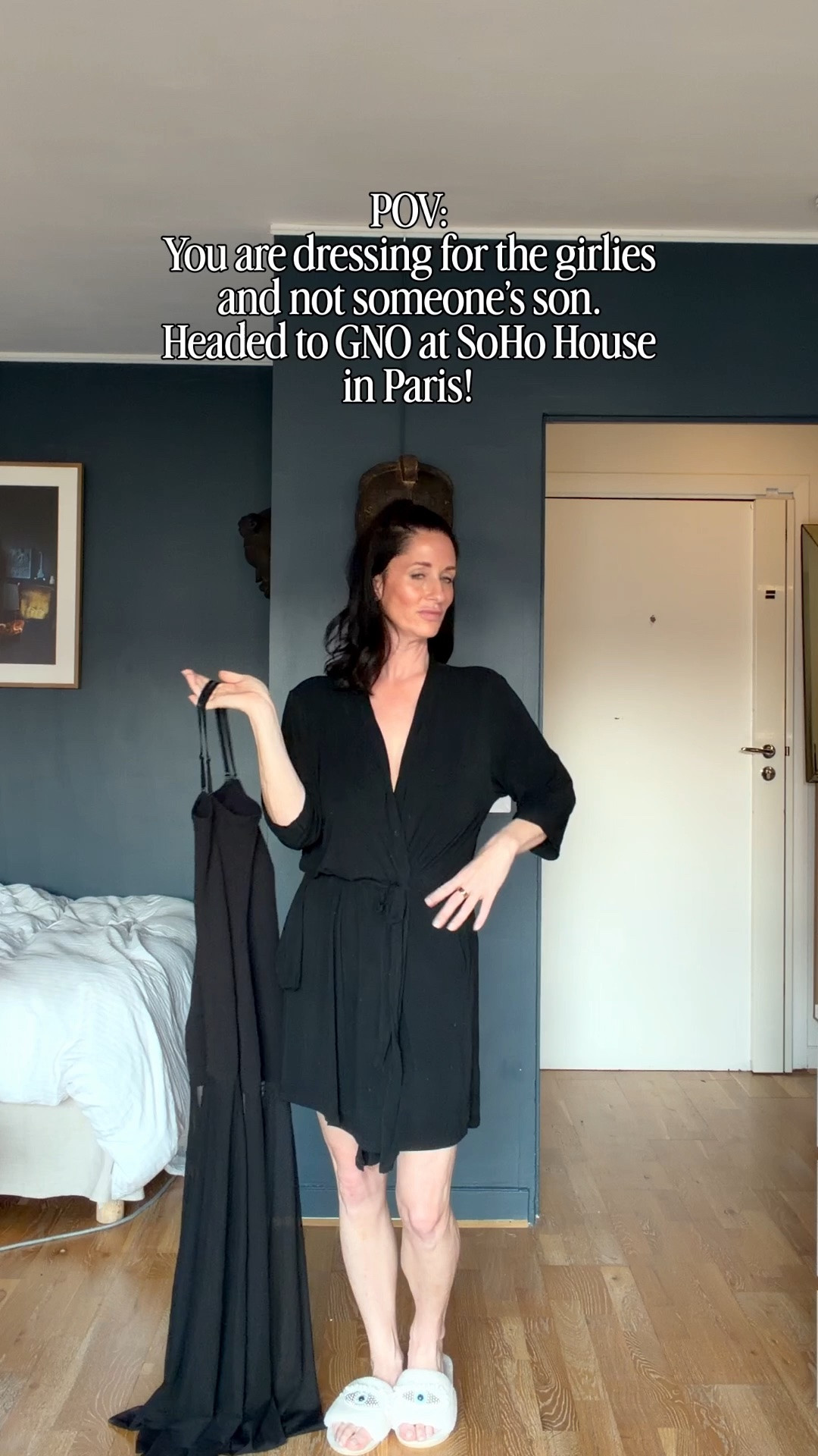 POV: you choose to dress for the girlies and not the men!
Headed to girls night out in Paris at the SoHo House in Paris!
My dress is super affordable and from @Commense , shoes are @SEZANE 
Jewlery is: @analuisa bangle, Amazon tennis bracelet, my freedom set (stackable ring and solitaire necklace) and Bauble Bar  name necklace!
Paired it with my lovely white Gucci bag!