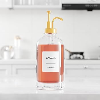 16.9 oz (500 ml) Coffee Syrup Dispenser Set- 4 Glass Bottles with Gold Pumper and Syrup Labels - ... | Amazon (US)