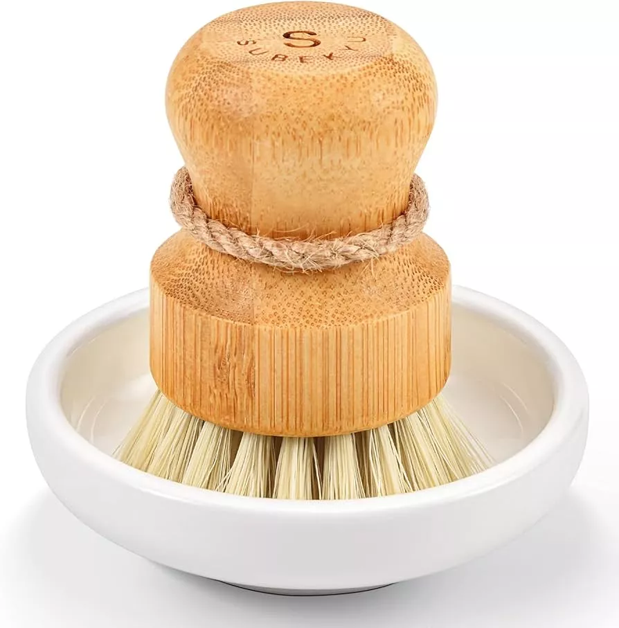 HOMcDALY Bamboo Dish Brush with ceramic Dish Brush Holder, Kitchen Brushes  for Dishes, Dish Scrub Brush, Kitchen Dish Scrubber w