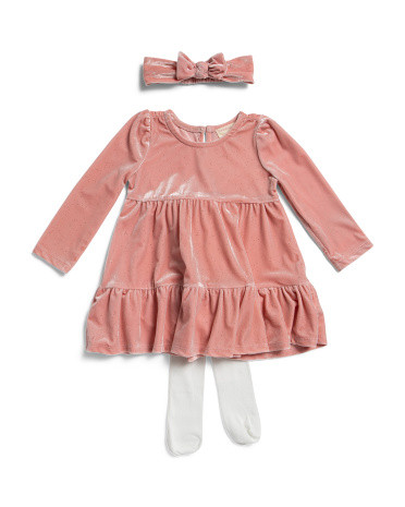Infant Girls Glitter Velour Tiered Dress With Tights And Headband | TJ Maxx
