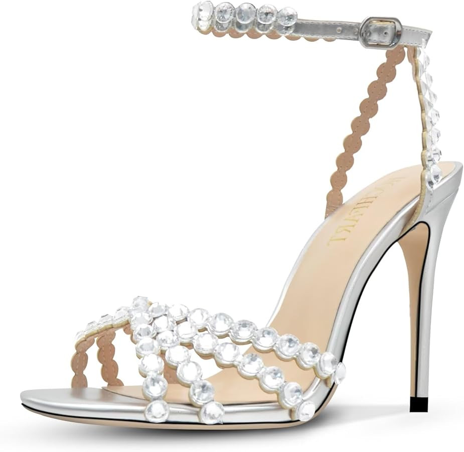 Rhinestone High Heels Stiletos Heels for Women Strappy Buckle Heels Round Toe Sexy Dressy Pumps S... | Amazon (US)