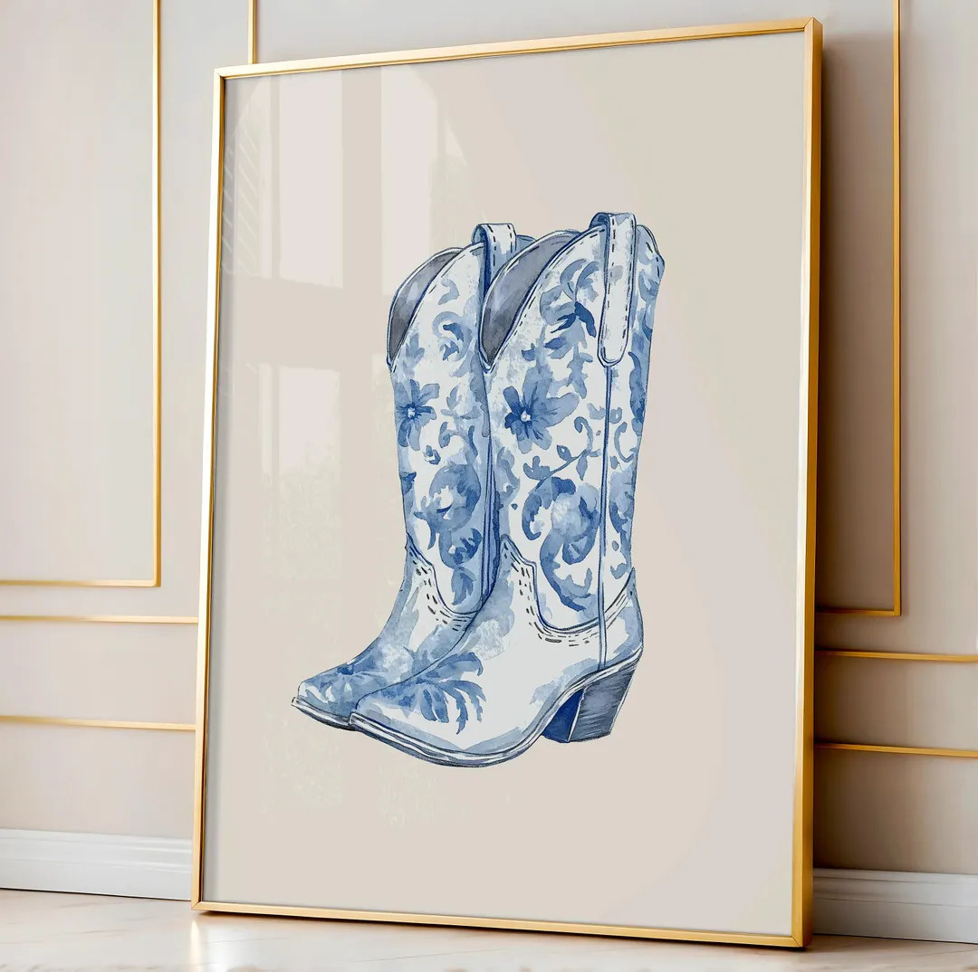 Chinoiserie Cowgirl Boot Print, Blue Western Room Decor, Cowgirl Wall Art, Chinoiserie Wall Art, ... | Etsy (US)