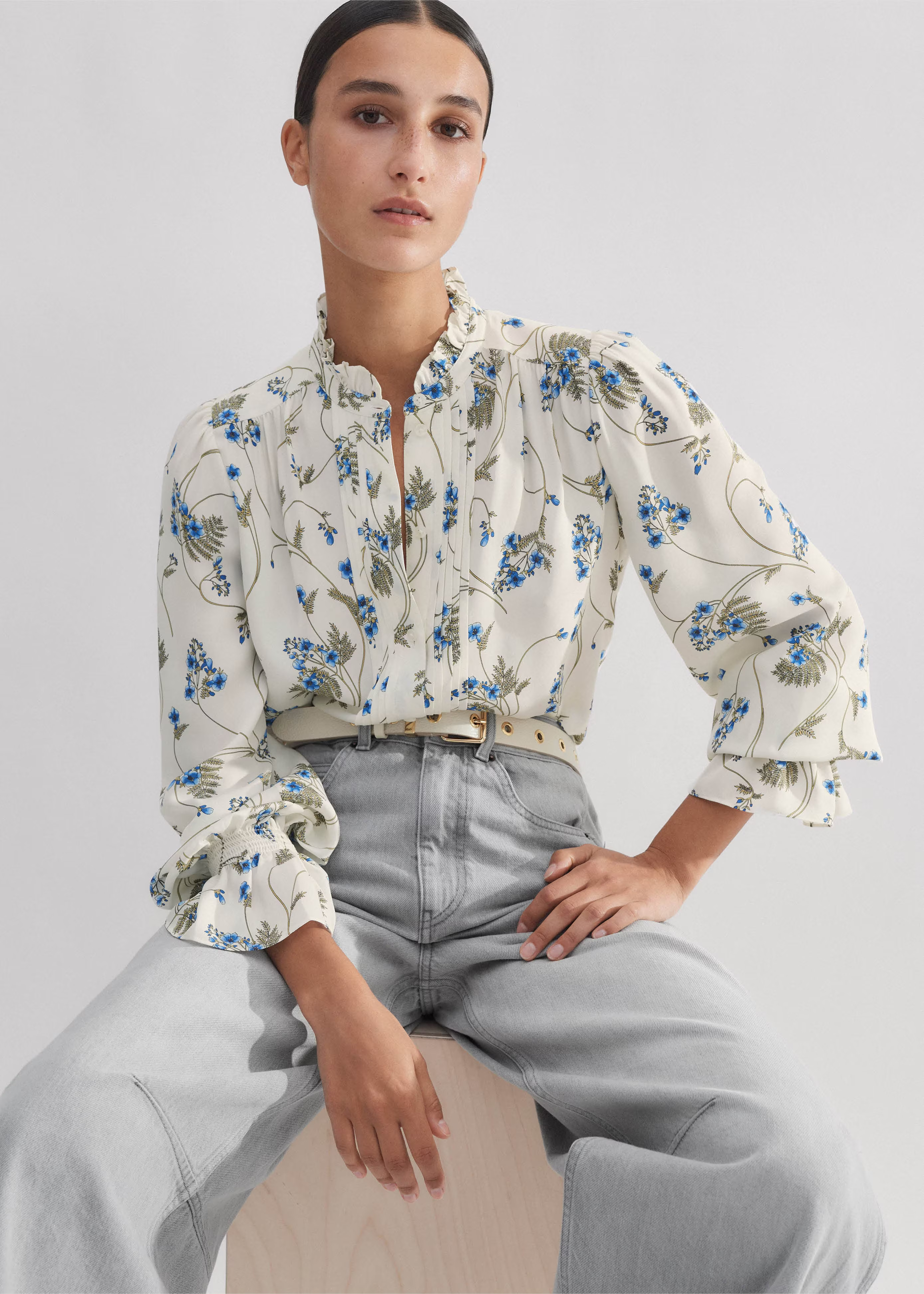 Women's Cream Silk Forget-Me-Not Print Swing Blouse | ME+EM | ME+EM US