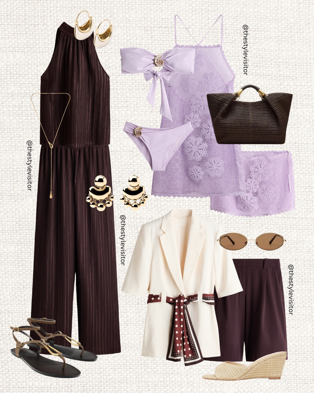 Resort season, but make it chic 💜✨ Soft lilac, rich plum, creamy neutrals and golden accessories are the dream combination for vacation dinners, beach clubs and sunset cocktails 🍸🌴

Like this post to save it to your favourite folder and come back later to shop.

resort wear, vacation outfits, summer fashion, lilac outfit, plum dress, crochet dress, satin top, wide leg trousers, linen trousers, cream blazer, beach club outfit, holiday wardrobe, European summer, capsule wardrobe, summer neutrals, gold accessories, woven bag, elegant summer style, chic vacation looks, H&M resort collection

#LTKsummer #LTKtravel #LTKdatenight