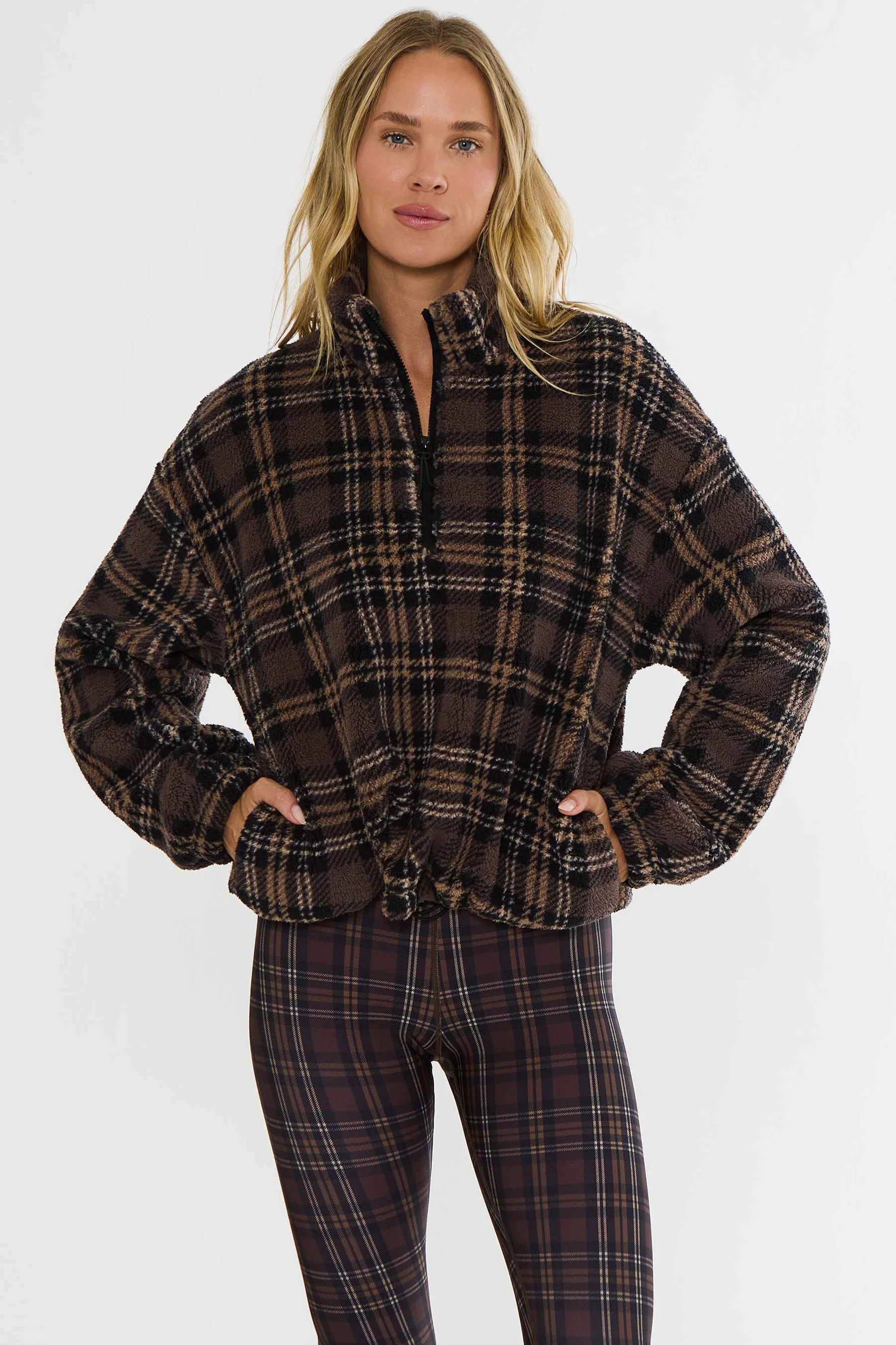 Leona Sherpa Chocolate Bar Plaid | Brown Plaid Faux Fur Sherpa | Beach Riot | Beach Riot